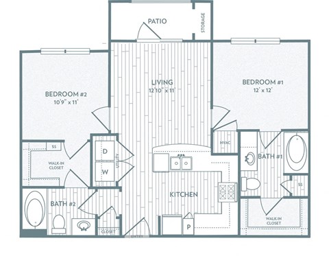 Floor plan for 2 beds, 2 baths, 891 sqft